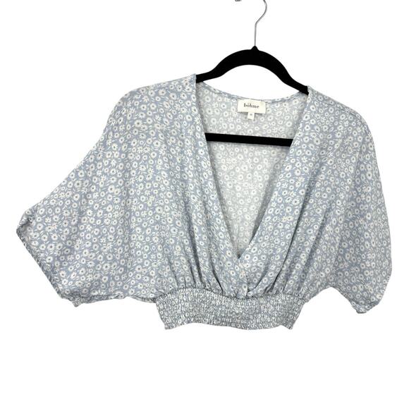 Bohme Smocked Crop Top Medium Baby Blue Ditzy Floral Dolman Sleeve Shabby Chic - Picture 2 of 10